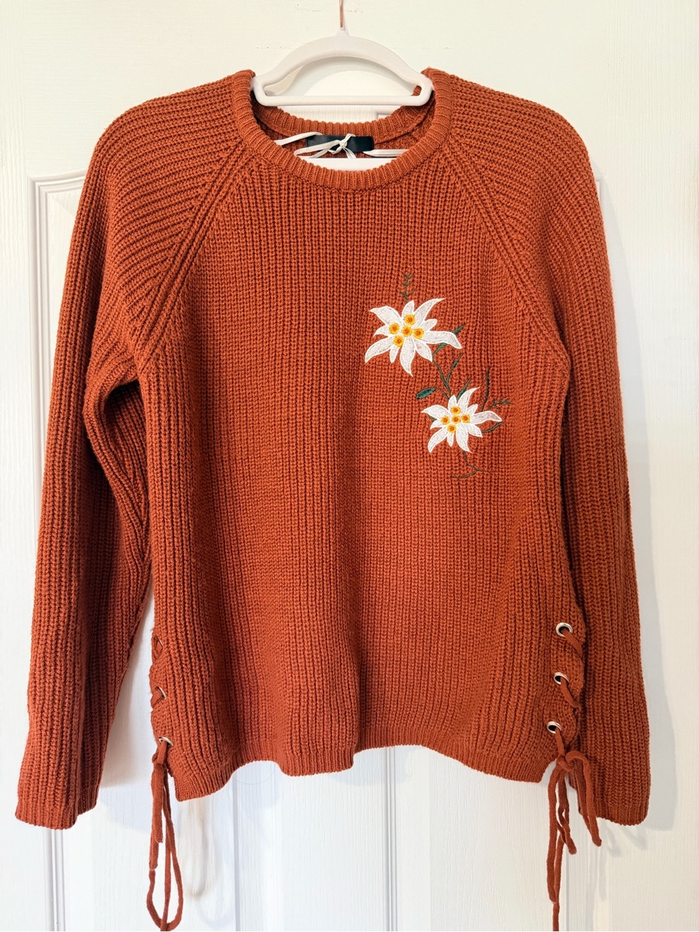 {MixBlu} Pumpkin Rust Orange Floral Embroidered Women’s Fall Autumn Knit Sweater